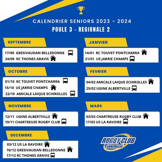 Calendrier Rugby Régional 2 Poule 3 - RC Annemasse